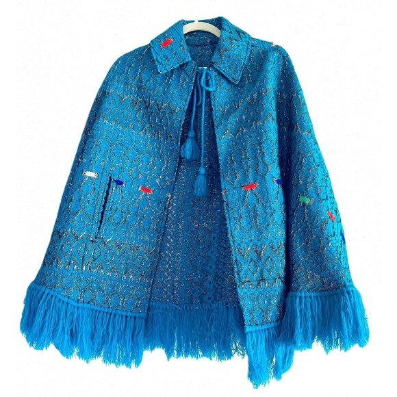 Vintage Shimmery Turquoise Poncho, 1960s Embroidered Cape Poncho with Fringe - Picture 1 of 11